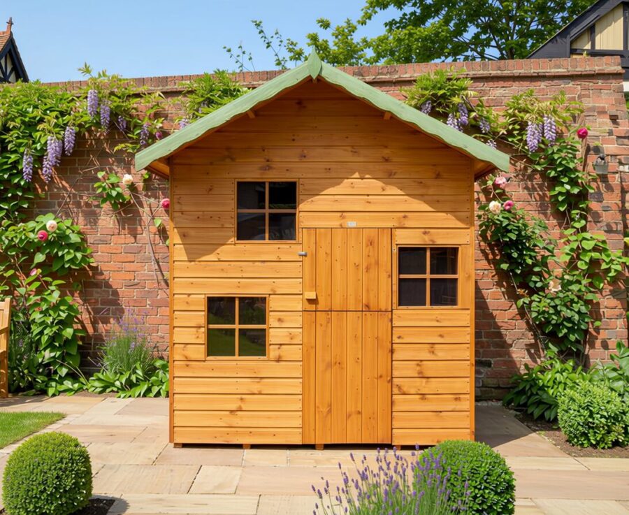 An angled view of a wooden two storey Cottage Playhouse with a central wooden door and multiple windows on a brick floor