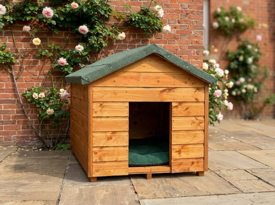 A side angle of a wooden dog kennel with a felt roof and access hole at the front on the structure, situated outside in a showroom on a brick floor