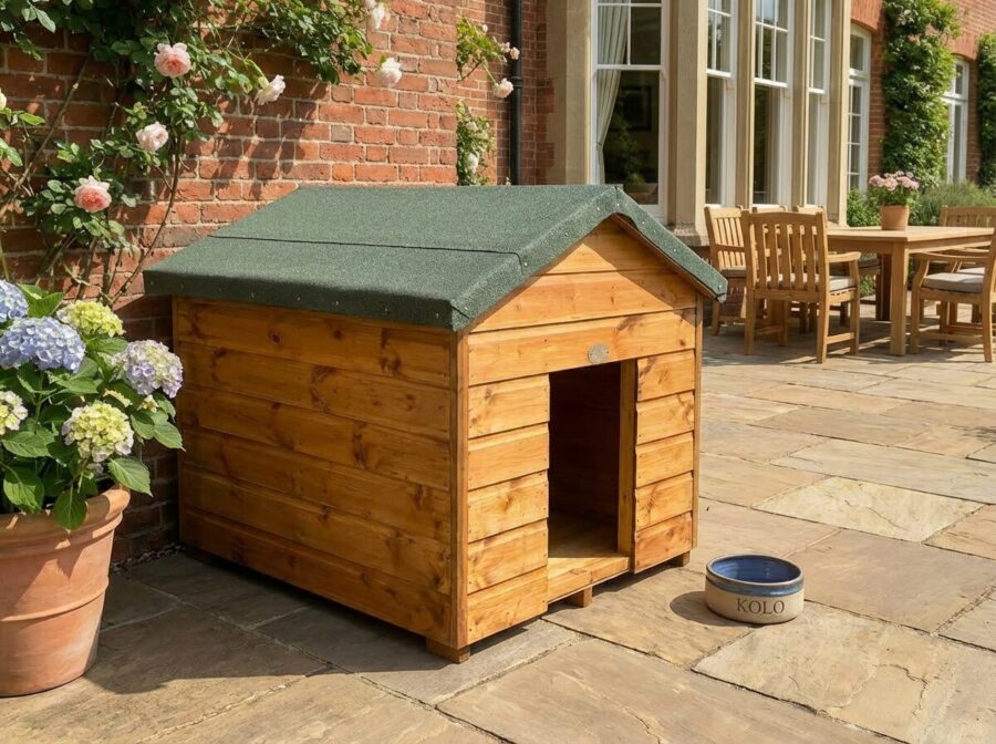 A front angle of a wooden dog kennel with a felt roof and access hole at the front on the structure, situated outside in a showroom on a brick floor