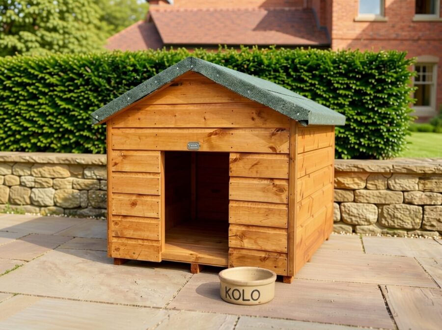 The side wall of a wooden dog kennel with a felt roof and access hole at the front on the structure, situated outside in a showroom on a brick floor