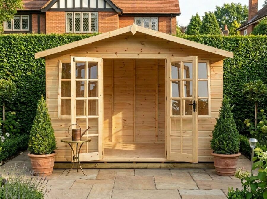 A wooden Georgian Summerhouse on the back wall of a wooden fence perimeter, with double doors and opening windows on a timber frame with a paving slabs path leading to the doors