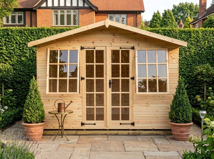 A wooden Georgian Summerhouse with double doors and opening windows on a timber frame on paving slabs