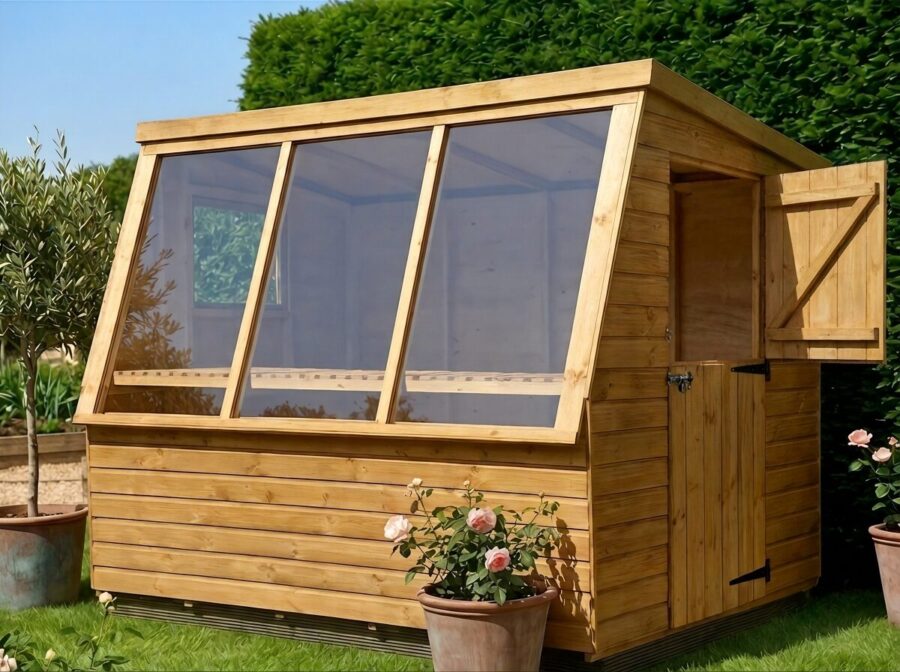 A 5ft x 7ft wooden Potting Shed with 3 large windows in a garden
