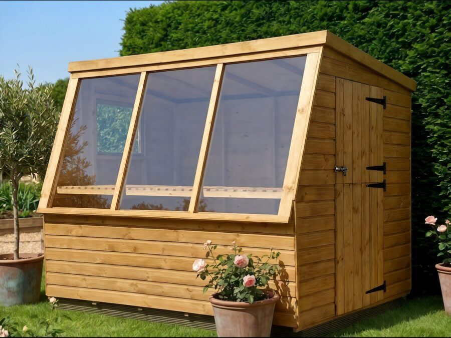 A wooden Potting Shed with 3 large windows and a door aligned to the right on a brick base in a garden