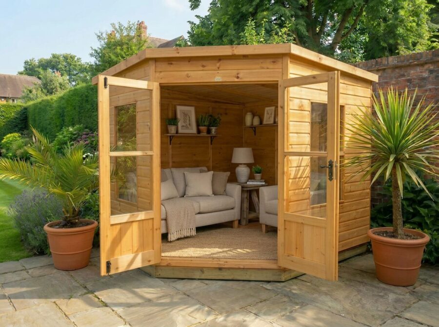 A wooden Standard Corner Summerhouse with the central double doors open showing the right side of the interior