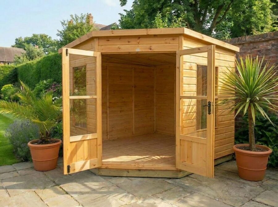 A wooden Standard Corner Summerhouse with the central double doors open showing the left side of the interior