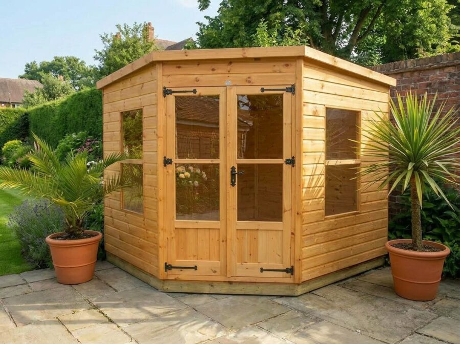 A wooden Standard Corner Summerhouse with central double doors and windows at the side on a slabbed section of a garden