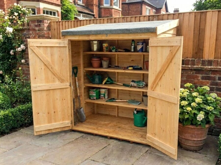 Dark stained wooden bike shed with double doors in a garden — Rutland Sheds