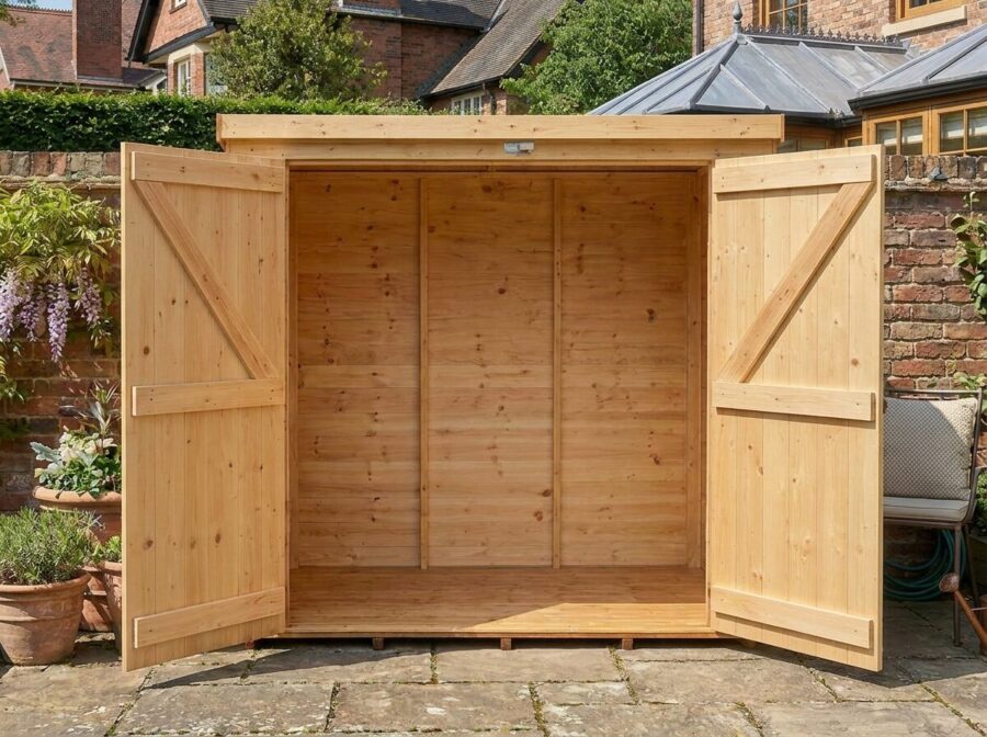 A front view of a wooden Tool Shed with 2 central doors on wooden decking