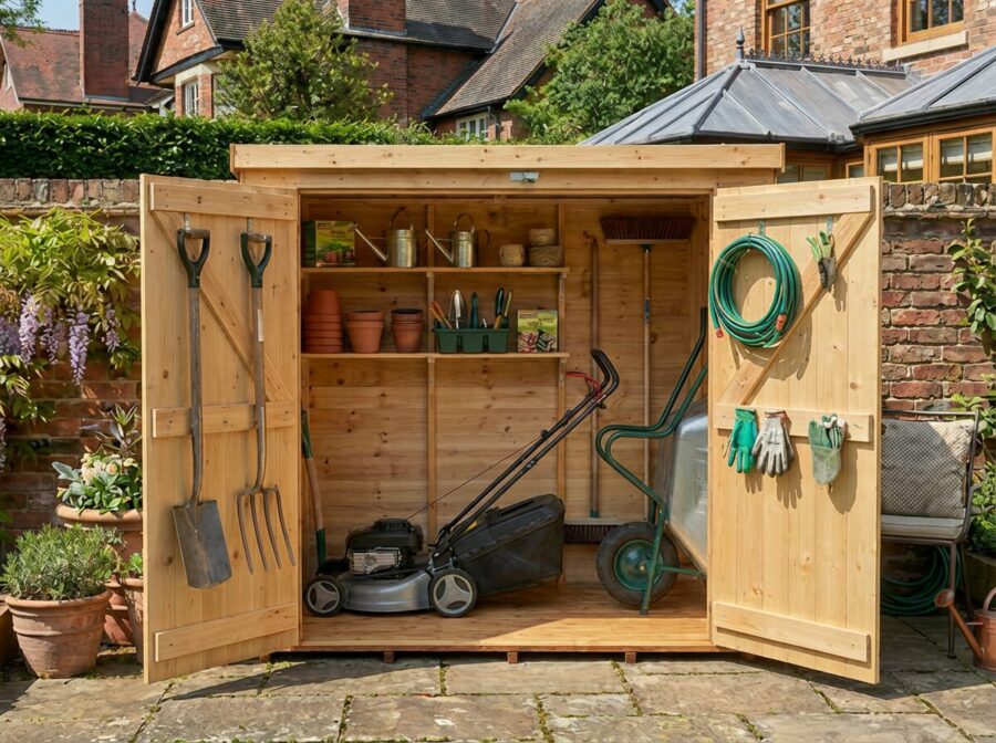 Bike shed with double doors open showing interior storage space — Rutland Sheds
