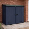 A 4ft x 2ft wooden Tool Shed with 2 central doors on wooden decking