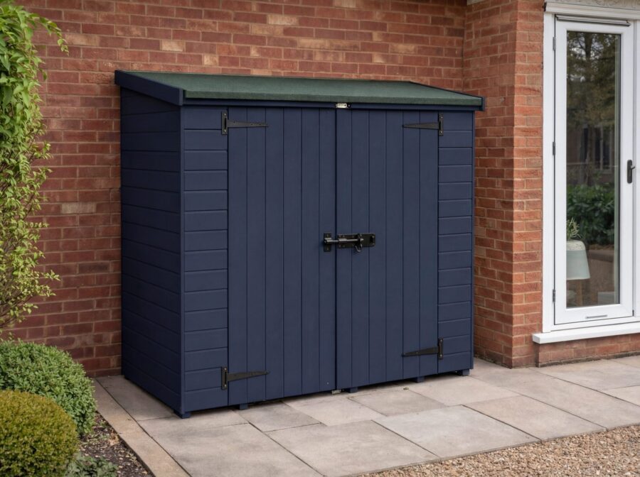 A 4ft x 2ft wooden Tool Shed with 2 central doors on wooden decking