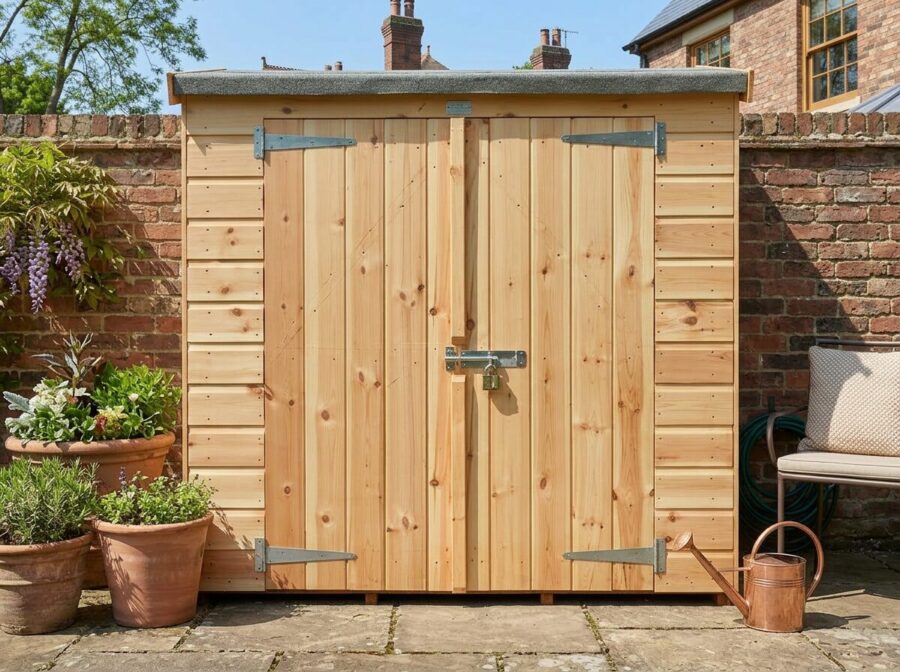 A wooden bike shed with double doors on a concrete base — suitable for storing 2-3 bikes — Rutland Sheds