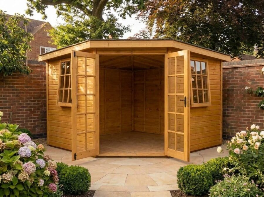 Wooden Georgian corner summerhouse with five-sided bay shape and French doors open, surrounded by flower borders in a walled garden – Rutland Sheds