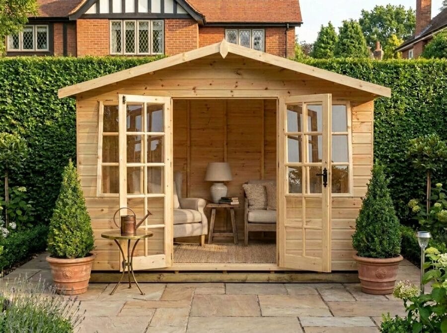 Wooden Georgian summerhouse with French doors open showing furnished interior with armchairs, on a paved patio with potted plants – Rutland Sheds