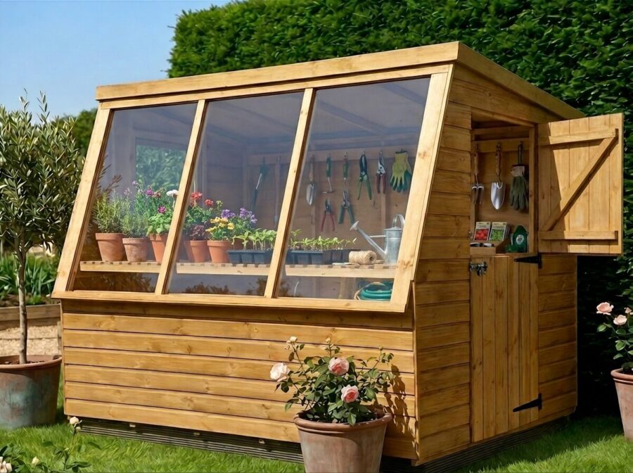 A Potting Shed by Rutland Sheds showcased in a customers garden, with the potting shed next to a wooden fence, and a metal gate and wooden bird feeder in the foreground
