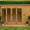 A wooden Contemporary Summerhouse with central double doors, windows on either side of the doors and single wooden door leading to a shed/storage room, with a raised step and wooden base on grass in a customers garden