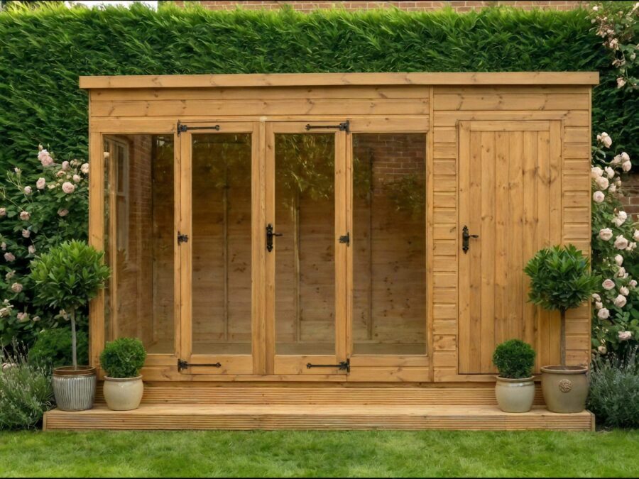 A wooden Contemporary Summerhouse with central double doors, windows on either side of the doors and single wooden door leading to a shed/storage room, with a raised step and wooden base on grass in a customers garden