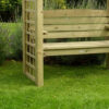 A close up of the seating area and square side trellis details of the wooden Northwood Arbour product
