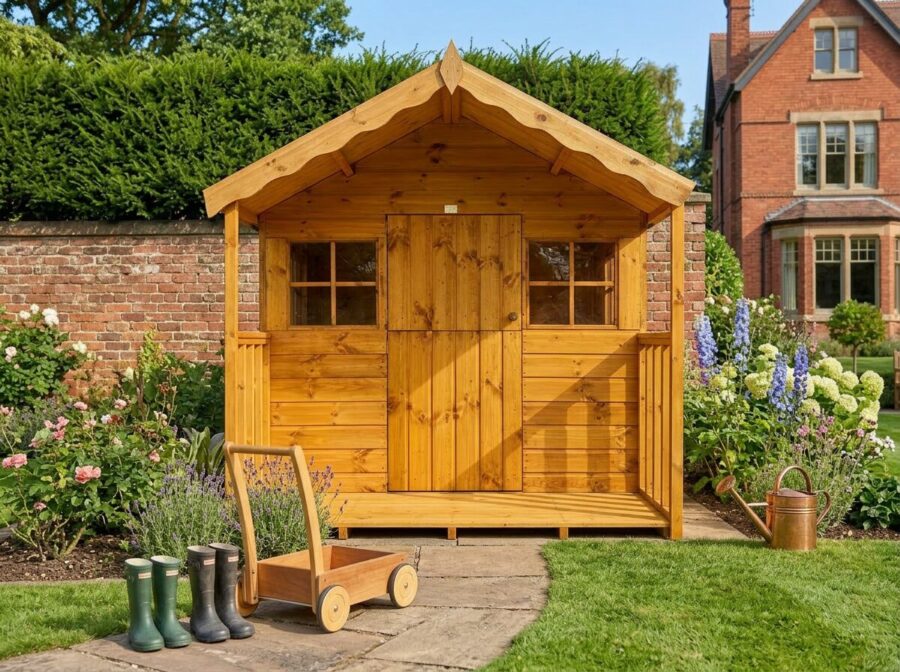 Rutland Sheds standard playhouse for children in natural timber, shown in a garden setting