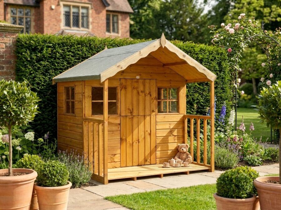 A side angle of a modern Standard Playhouse with 2 windows either side of a front facing door, with a wooden porch balcony and safety railings to the side of the structure