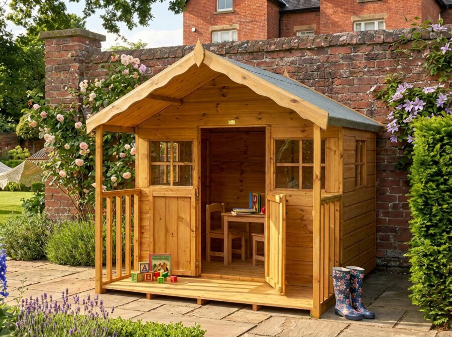 A modern Standard Playhouse with 2 windows either side of a front facing stable door with the top section open, with a wooden porch balcony and safety railings to the side of the structure