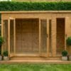 Wooden contemporary summerhouse with large bifold glass doors open, empty interior showing the spacious room, on a decked patio – Rutland Sheds