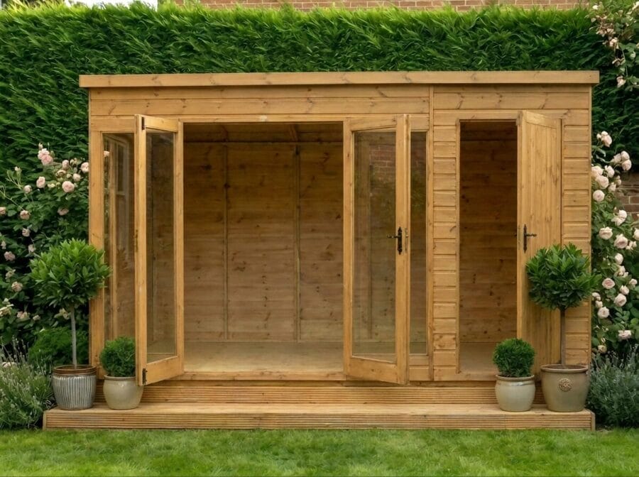 Wooden contemporary summerhouse with large bifold glass doors open, empty interior showing the spacious room, on a decked patio – Rutland Sheds