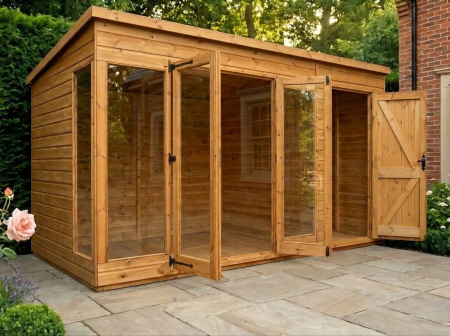 Wooden contemporary summerhouse exterior view with large bifold glass doors and adjacent side storage door closed, on a paved patio with rose borders – Rutland Sheds