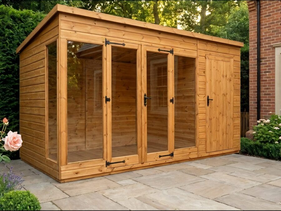 Contemporary summerhouse exterior showing full-width bifold glass doors and timber side storage section, set against a brick wall – Rutland Sheds