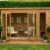 Wooden contemporary summerhouse with large bifold glass doors open, furnished interior with seating, on a decked patio with roses – Rutland Sheds