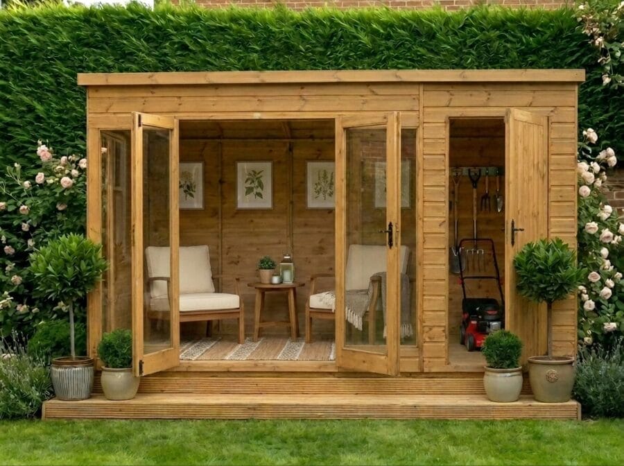 Wooden contemporary summerhouse with large bifold glass doors open, furnished interior with seating, on a decked patio with roses – Rutland Sheds