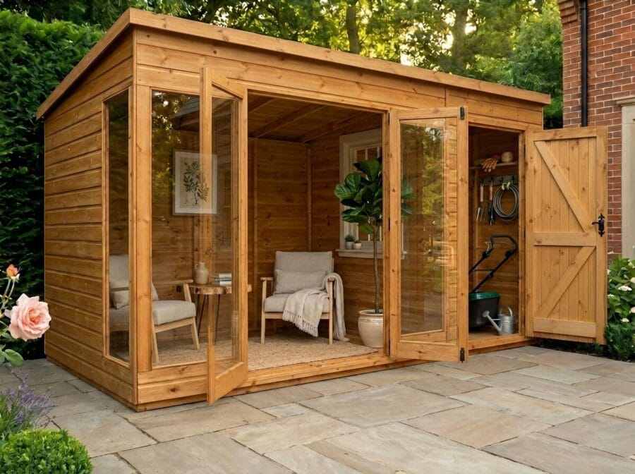 Contemporary summerhouse interior with bifold doors open, showing sitting room area with armchair and adjacent garden tool storage section – Rutland Sheds