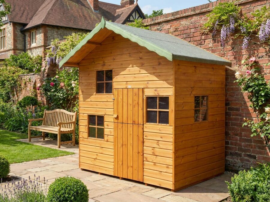 A wooden two storey Cottage Playhouse with a central wooden door and multiple windows on a brick floor in the Rutland Sheds showsite in Bearwood, West Midlands